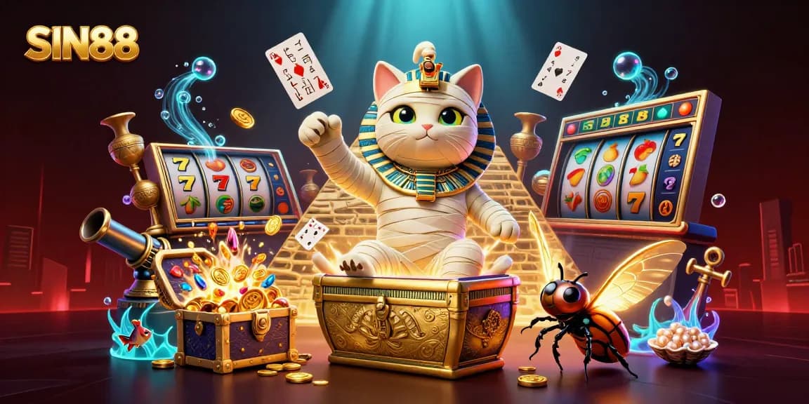 SIN88 introduces a vibrant casino scene with a mummy cat and treasure-filled elements.