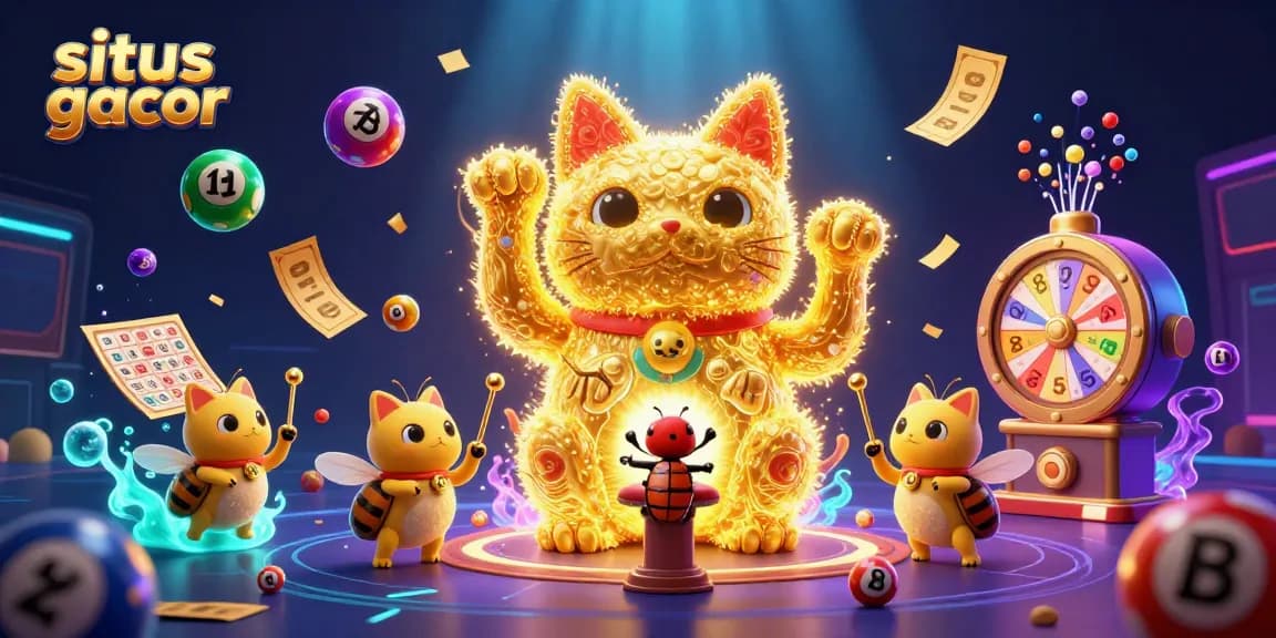 Engage with situs gacor as golden fireflies create a lucky cat amid vibrant casino elements.