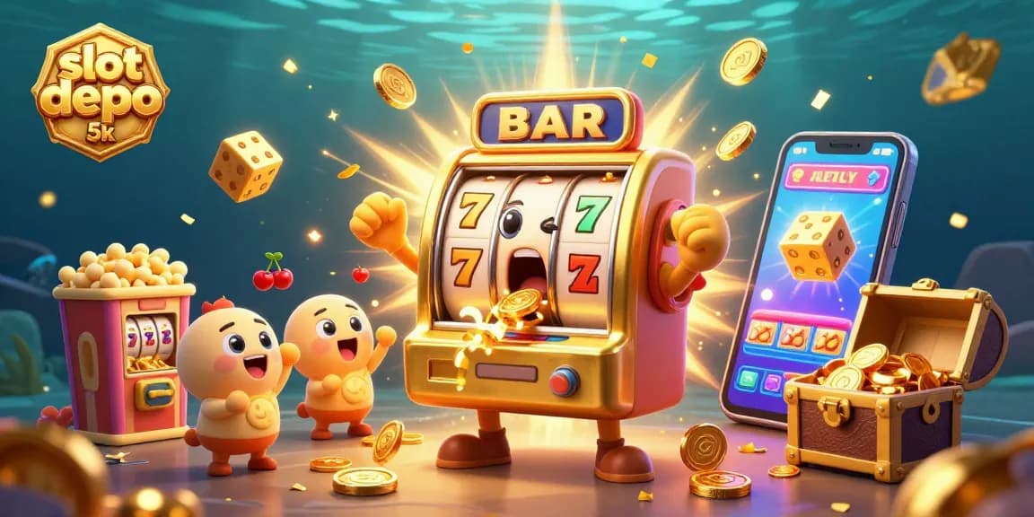 Experience thrilling wins with slot depo 5k as golden slot machines celebrate jackpots in a vibrant casino scene.