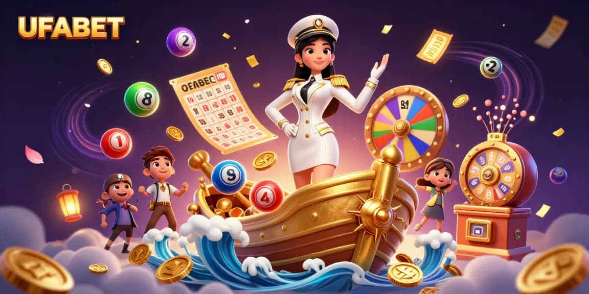 Experience thrilling wins at UFABET, showcasing a lively casino scene with colorful gaming elements.