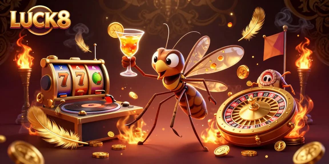 LUCK8 casino mascot and trilobite DJ creating an exciting gaming atmosphere with golden roulette elements.