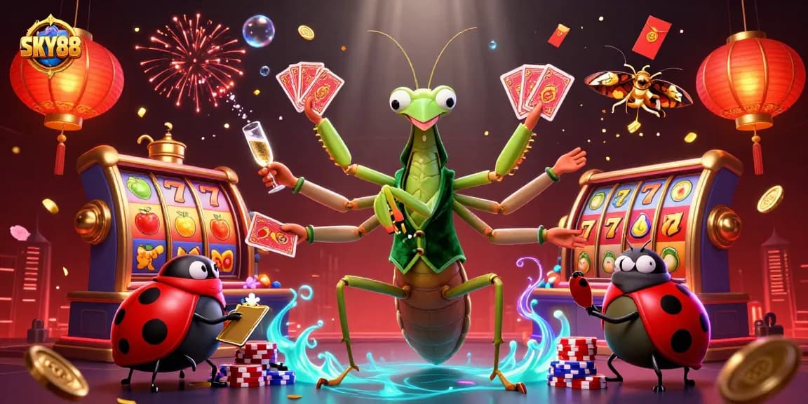 SKY88 showcases a lively casino scene with a praying mantis dealing cards and vibrant slot elements.