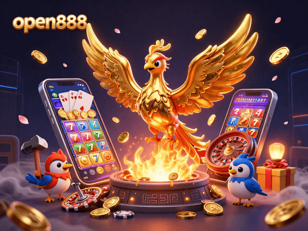 Experience winning moments with open888 showcasing a molten metal phoenix and thrilling casino games.