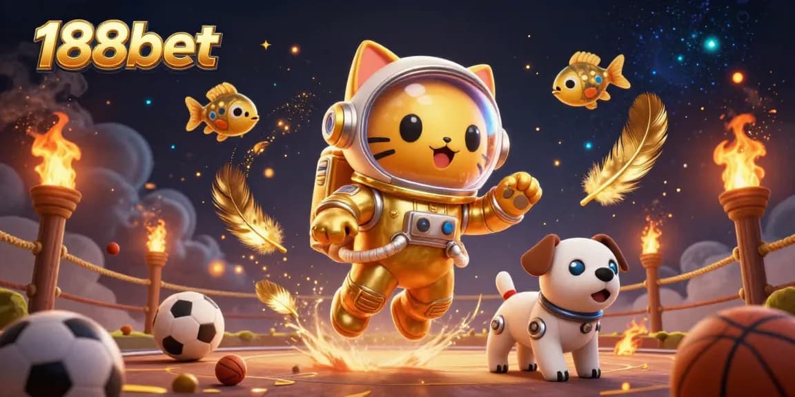 Join the excitement at 188bet with floating space characters and sports betting symbols.
