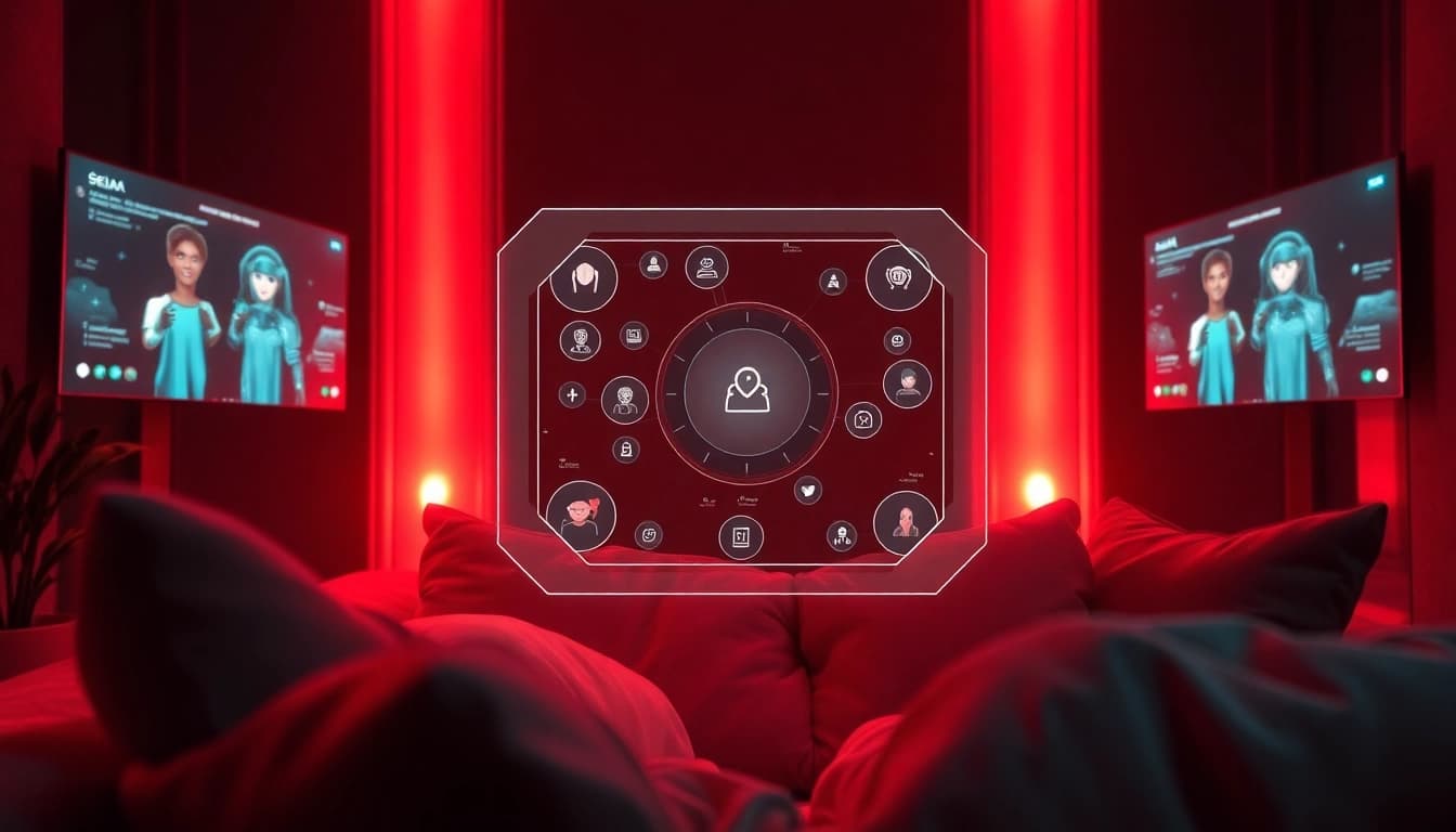 Engaging in a warm, intimate sex ai chat experience with a holographic AI assistant.
