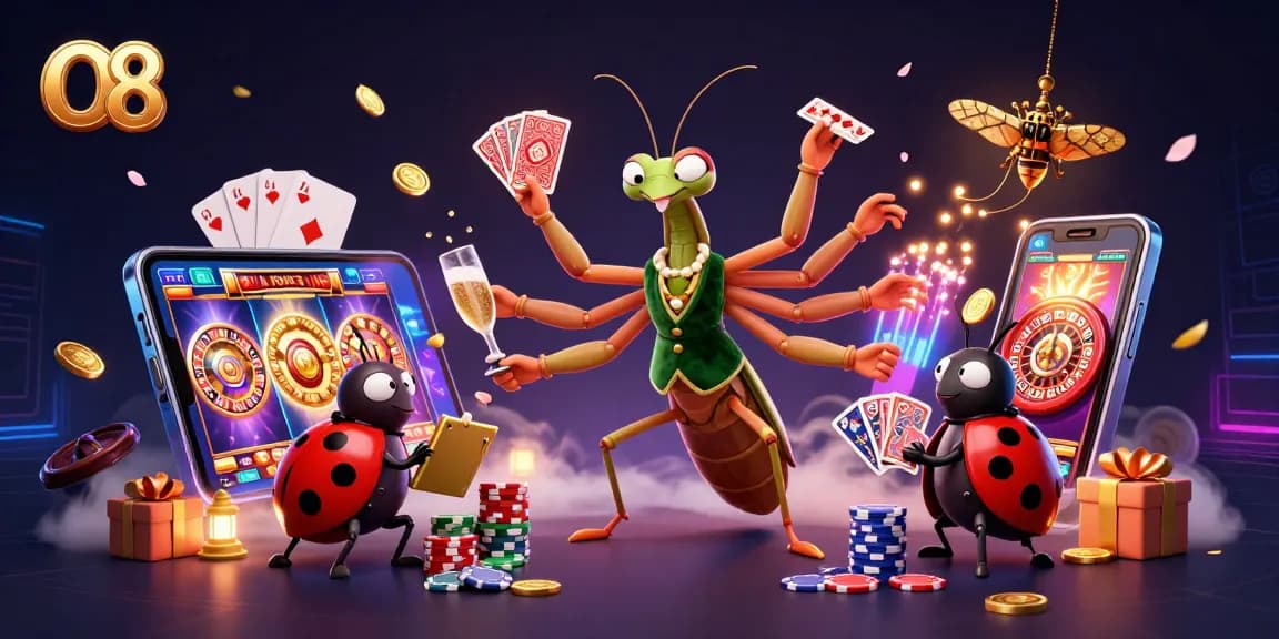 Engage in O8's thrilling gameplay as a mantis card sharp and ladybug pit boss captivate the casino.