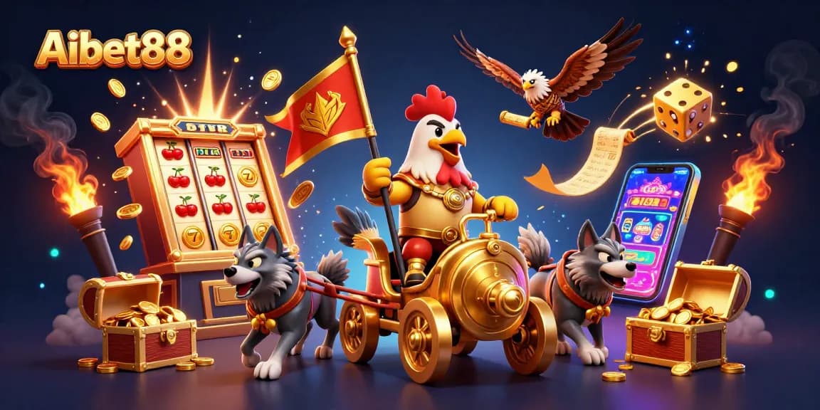 Aibet88 showcases a vibrant 3D scene with a rooster warlord, jackpot machines, and festive casino elements.