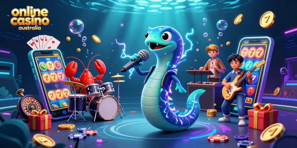 Experience exciting gameplay at an online casino Australia with an electric eel DJ and vibrant game elements.