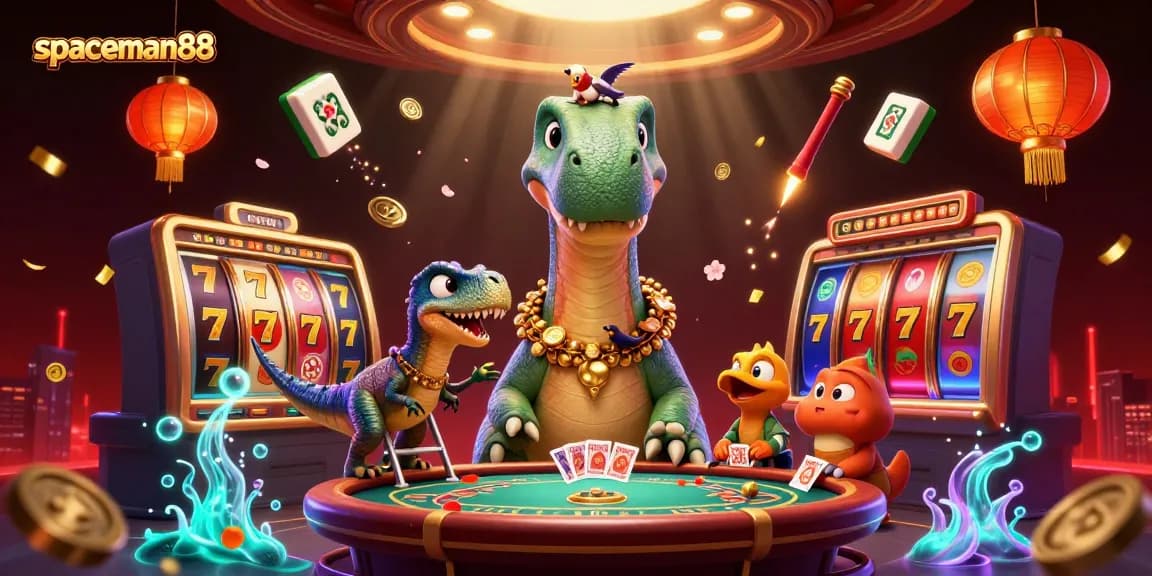 Experience the excitement of spaceman88 with an animated casino scene featuring vibrant characters and gaming elements.