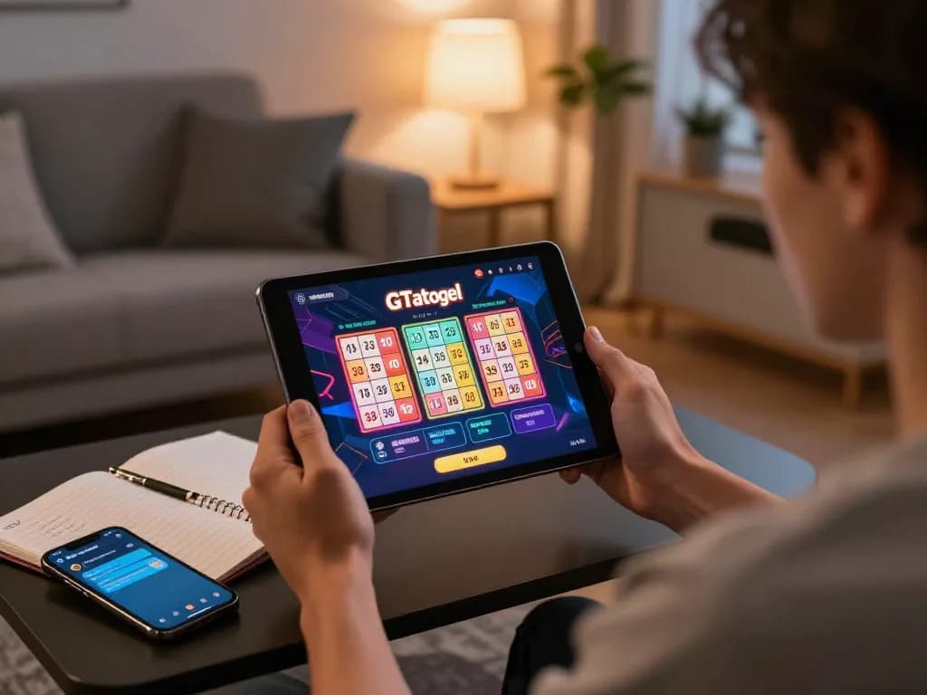Engaging in exciting GTAtogel online betting with tablet in warm living room setting, promoting responsible gambling.