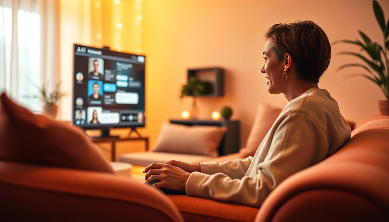 Engaging scene of a user experiencing free ai sex chat with an AI companion in an intimate, cozy setting.
