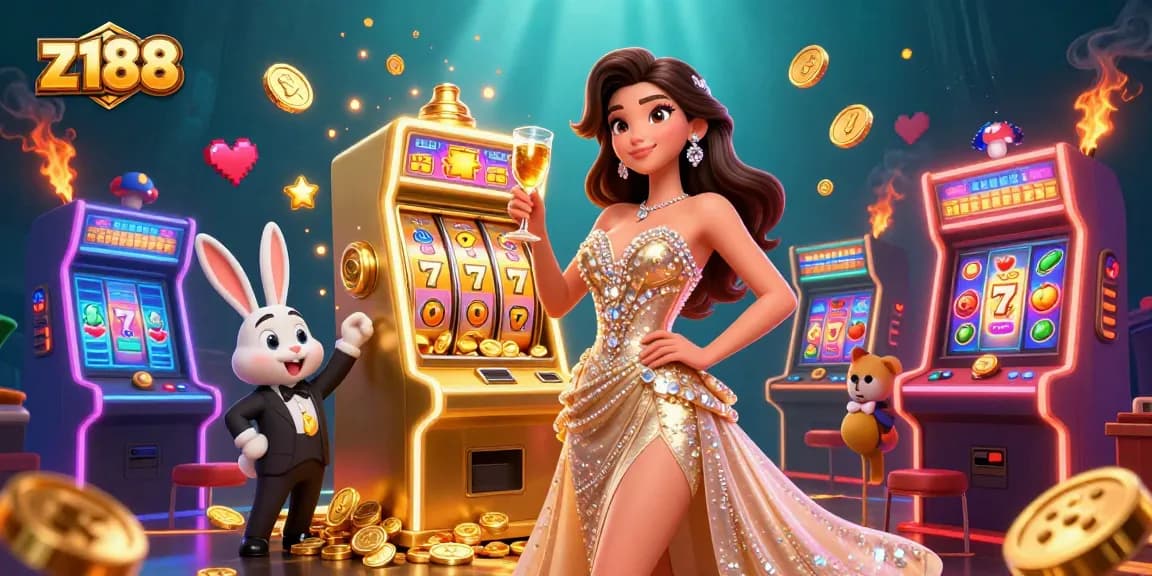 Join the excitement of z188 with a glamorous image featuring a jackpot slot machine and vibrant casino elements.