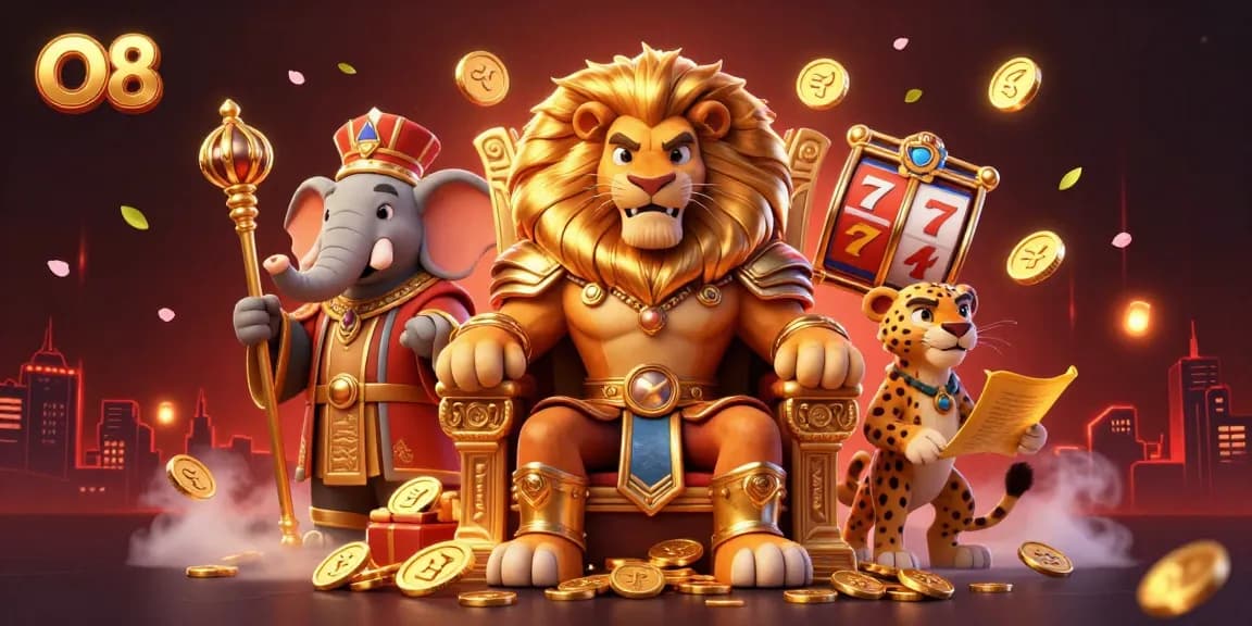Experience thrilling adventures at O8 with 3D cartoon characters in a dynamic casino scene.