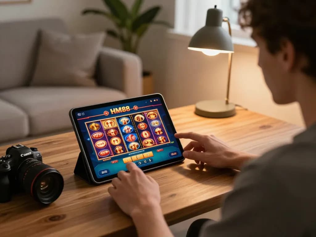 Player enjoying hm88 casino app on tablet in a cozy home setting.