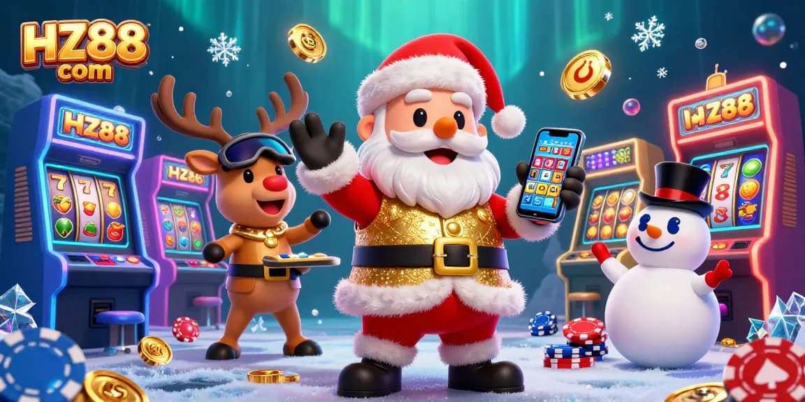 Experience exciting slots with HZ88 com in this vibrant 3D casino scene featuring festive characters and game elements.