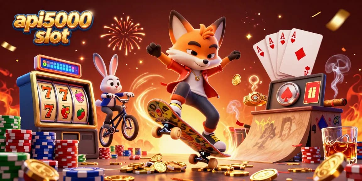 Gambarlah gameplay api5000 slot yang menampilkan karakter truk skateboard fox dan kelinci di ruang kasino yang penuh warna.