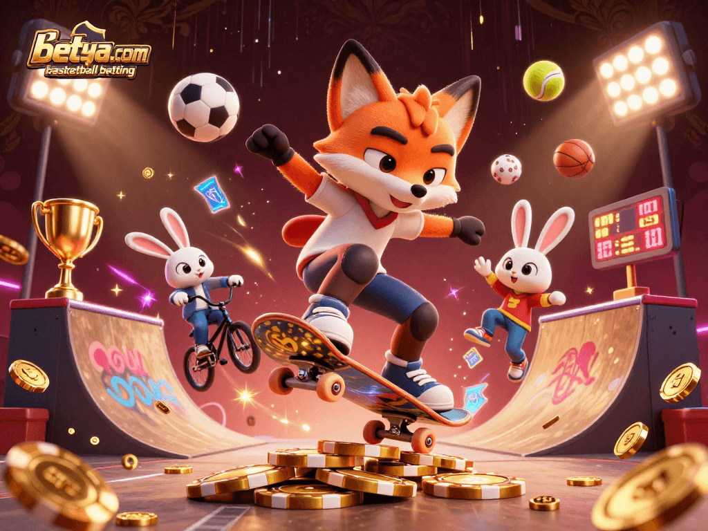 Experience the thrill of betya.com basketball betting with dynamic 3D cartoon characters surrounded by vibrant sports elements.