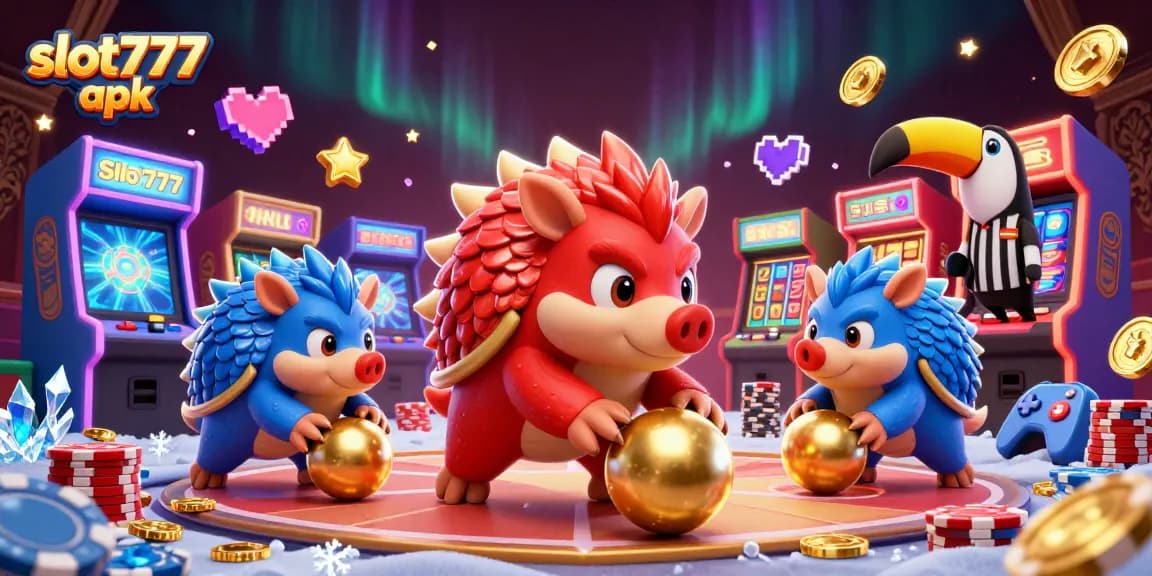 Engage with slot777 apk in an exciting casino scene filled with colorful gaming elements and rival characters.