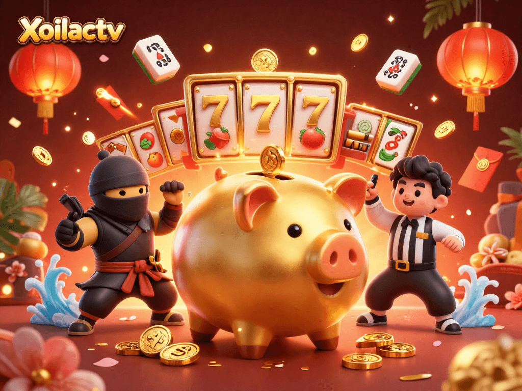 Xoilactv showcases dynamic gaming action with a festive 3D casino illustration rich in vibrant details.