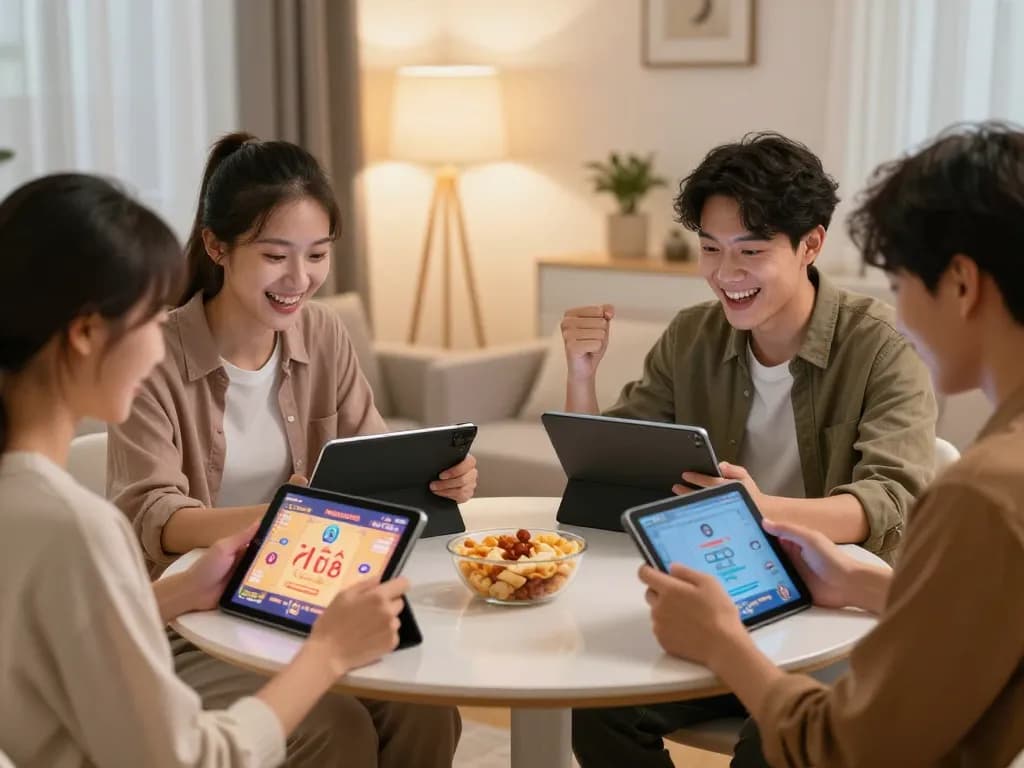 Friends enjoying an online lô đề gaming session in a cozy living room, celebrating strategic wins.