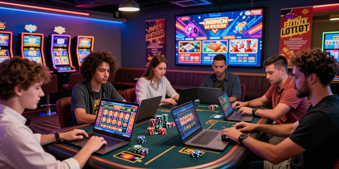 New online casino sites engaging players in a vibrant gaming lounge, showcasing slot machines and live dealer games.