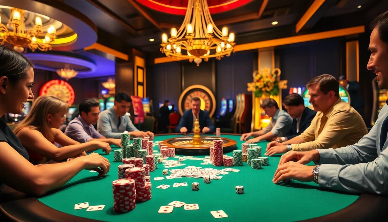 Exciting gameplay at QQ888 poker table featuring colorful chips and enthusiastic players.