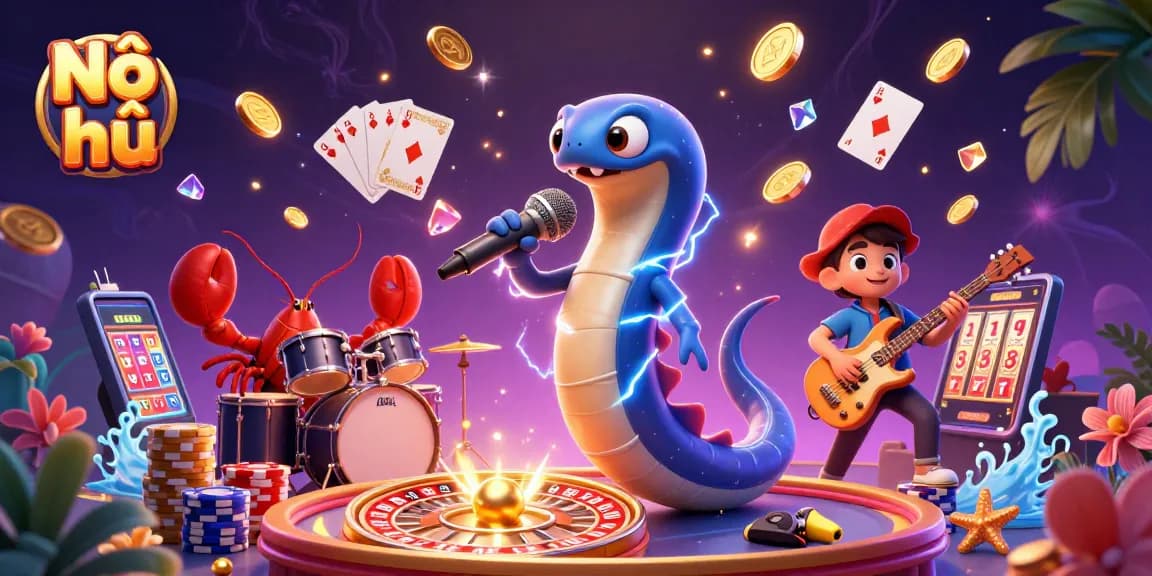 Nổ hũ spins with vibrant casino elements, electric eel DJ performing among coins and gems.