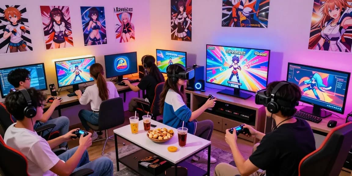 Gamers enjoying an ecchi game in a lively, colorful environment with VR headset and snacks.