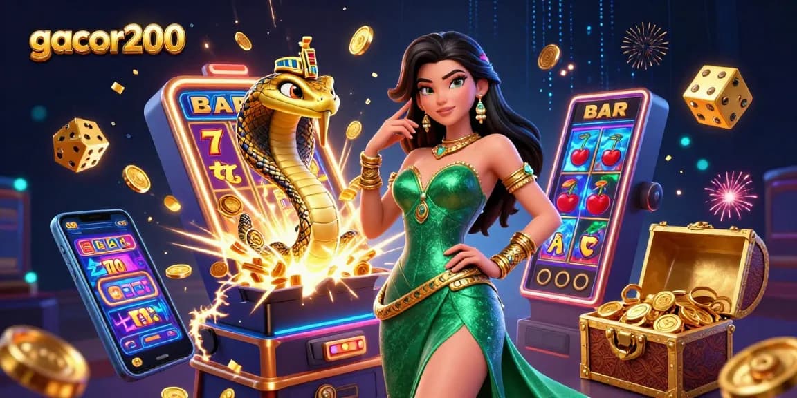 Play games on gacor200 with a stunning 3D woman in an emerald gown and golden cobra, amidst jackpot elements.