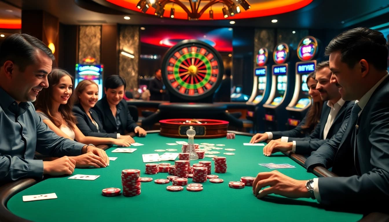 Vibrant poker scene featuring players at a table with 88i branded chips, highlighting excitement and luxury.