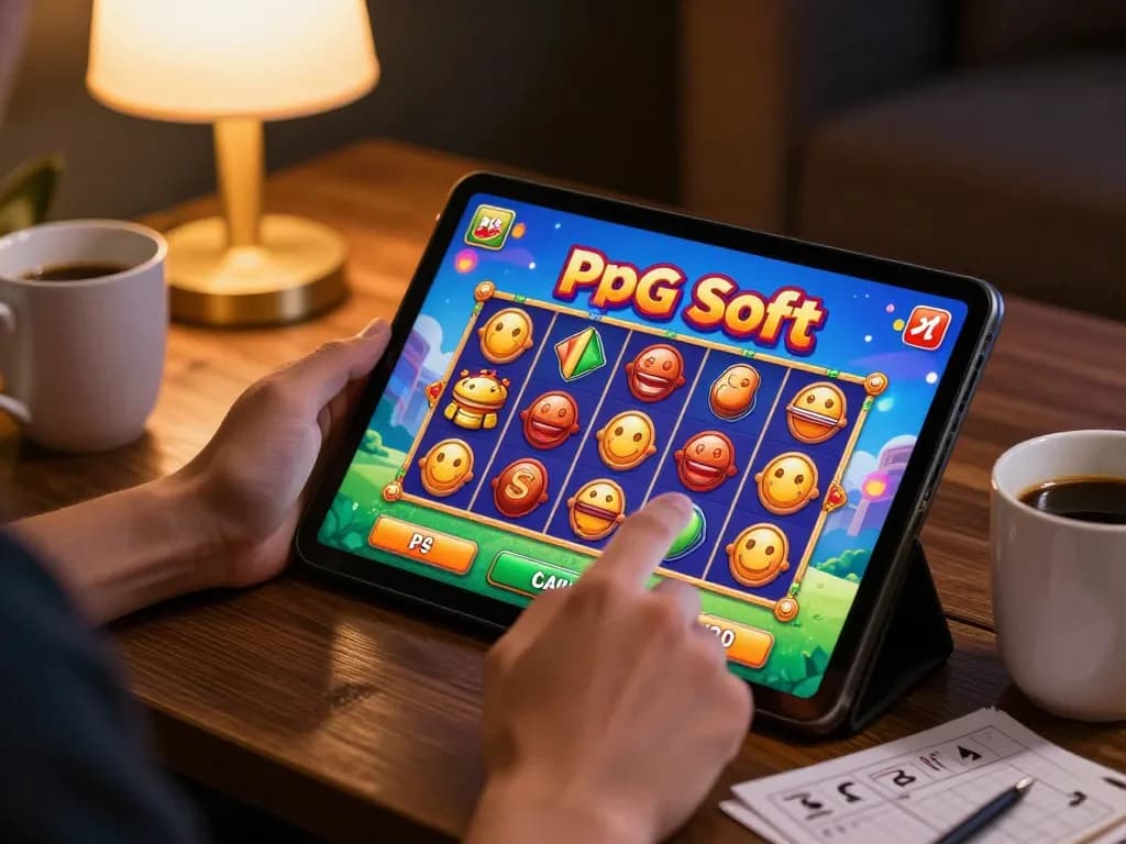 Memainkan Demo Slot PG Soft Mahjong di tablet di tengah suasana nyaman, menampilkan pengalaman bermain yang mendalam.