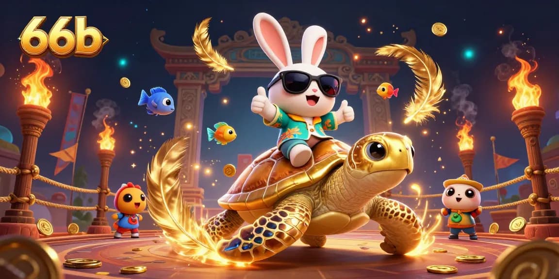 Place bets and win with 66b's vibrant casino adventures featuring a lucky rabbit and golden sea turtle.