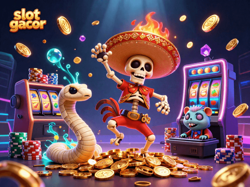 Slot gacor menawarkan pengalaman bermain penuh warna dengan skeleton rooster merayakan kemenangan di atas koin emas.