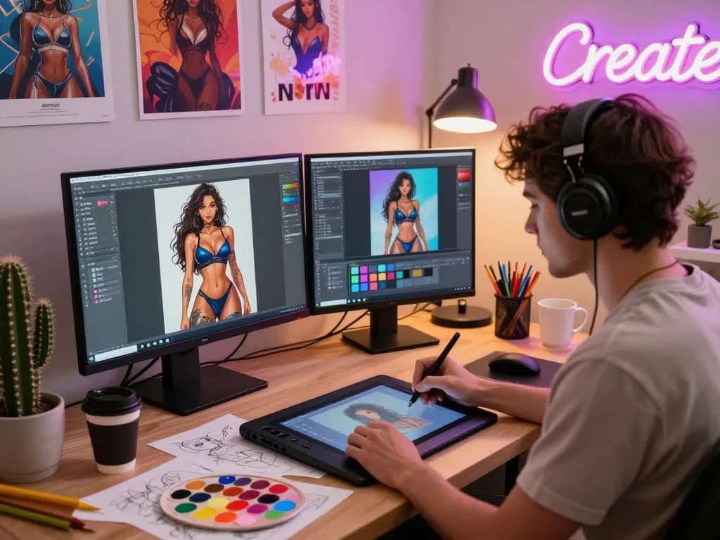 Creating captivating NSFW AI character designs in a vibrant digital art studio.