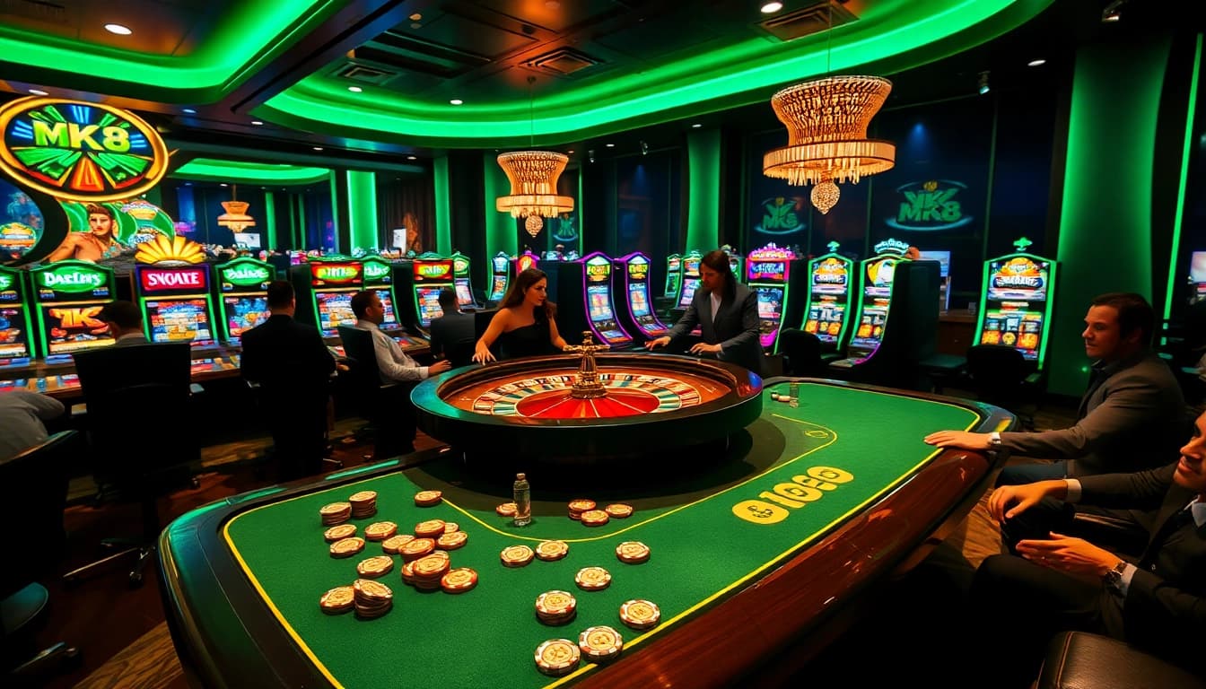 Players enjoy the excitement of MK8 at a luxurious casino, surrounded by vibrant gaming elements.