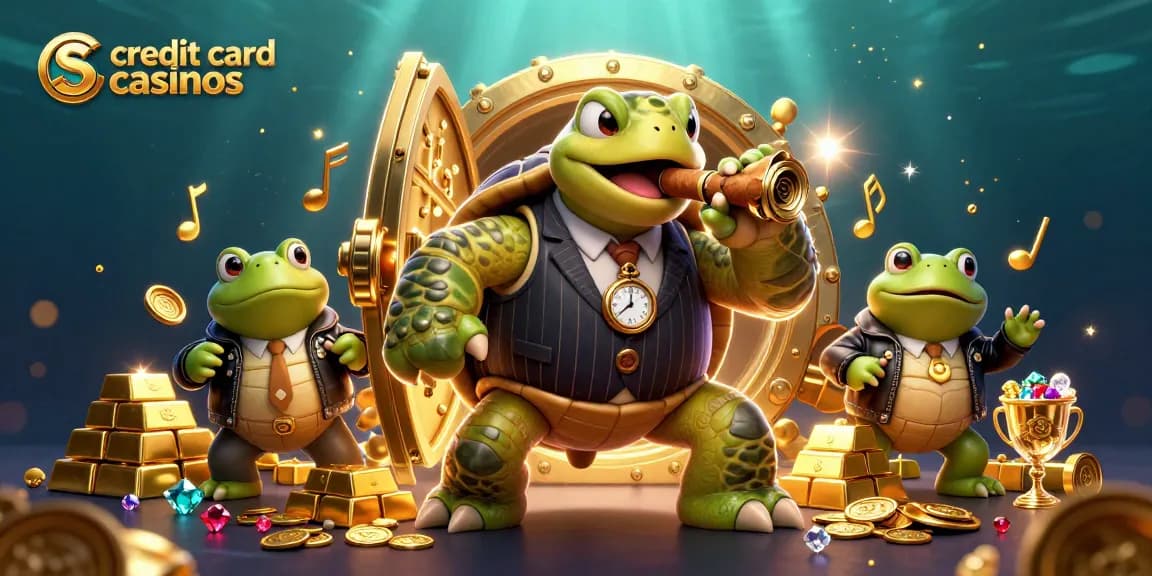 Experience thrilling credit card casinos with our vibrant 3D illustration of a turtle mobster and frog enforcers.