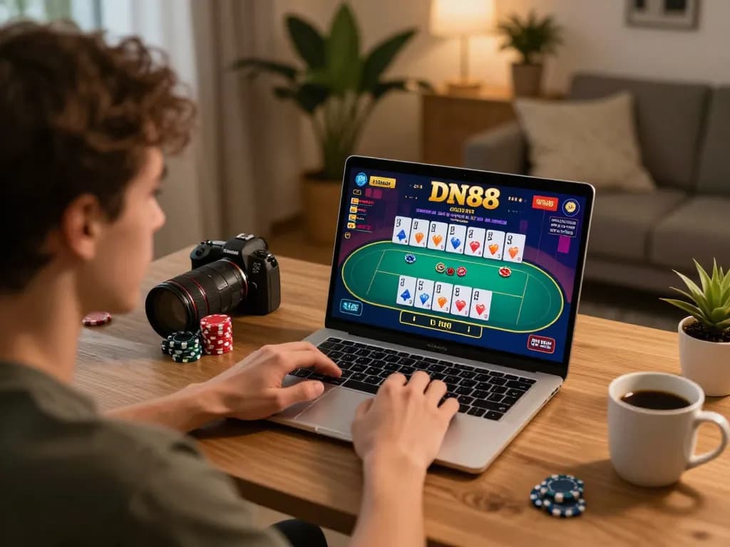 Player engaging in DN88 online casino gaming with poker interface on screen, showcasing responsible gaming.