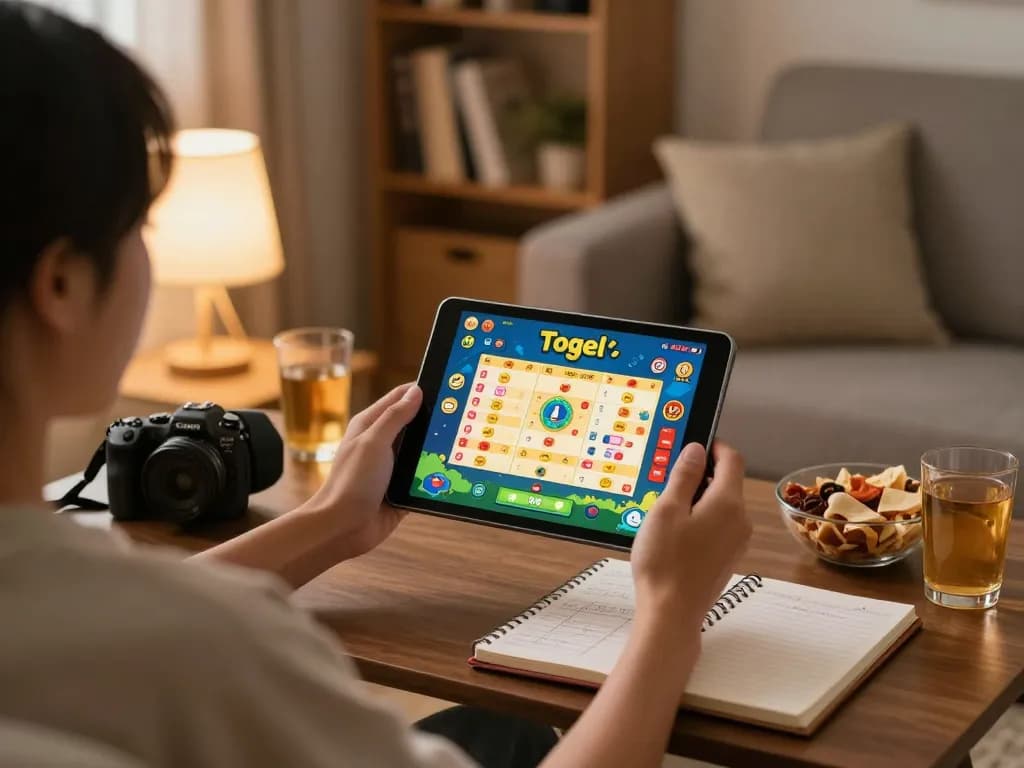 Engaging in togel hari ini online betting from cozy home setup with a tablet interface.