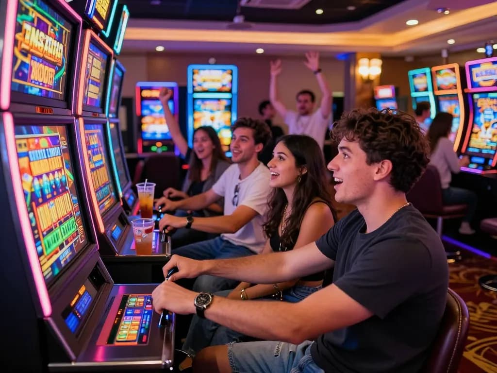 Exciting casino scene showcasing friends playing slot gacor hari ini with vibrant lights and themed machines.