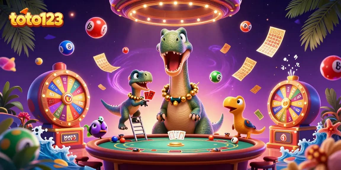 Engage with the exciting world of toto123 as a brontosaurus looks down on a lively casino scene filled with dynamic lottery elements.