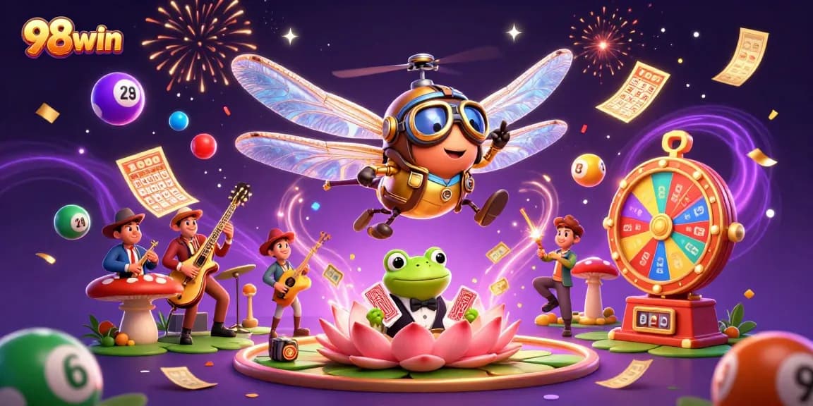 Join the excitement at 98win, where vibrant lottery balls and lively characters collide in casino fun.