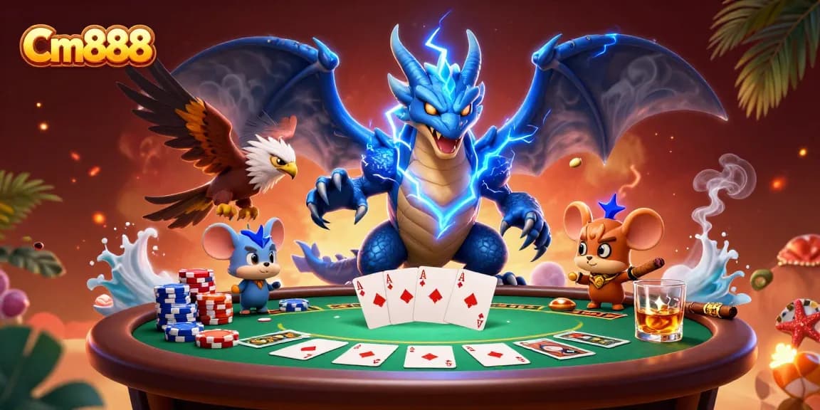 Experience thrilling gameplay with Cm888 in this vibrant poker scene featuring a dragon and hawk.