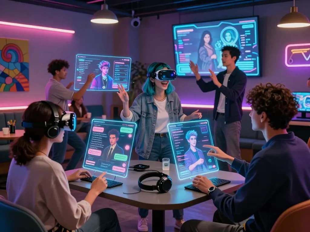 Dynamic NSFW AI chat scene showcasing customization and interaction in a vibrant digital lounge.