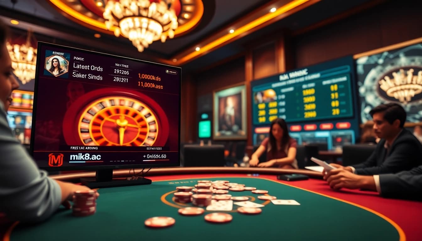 Engaging in high-stakes poker at mk8.ac with vibrant chips and elegant casino atmosphere.