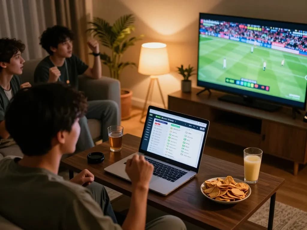 Engaged in kèo nhà cái betting while cheering for a live sports game on TV