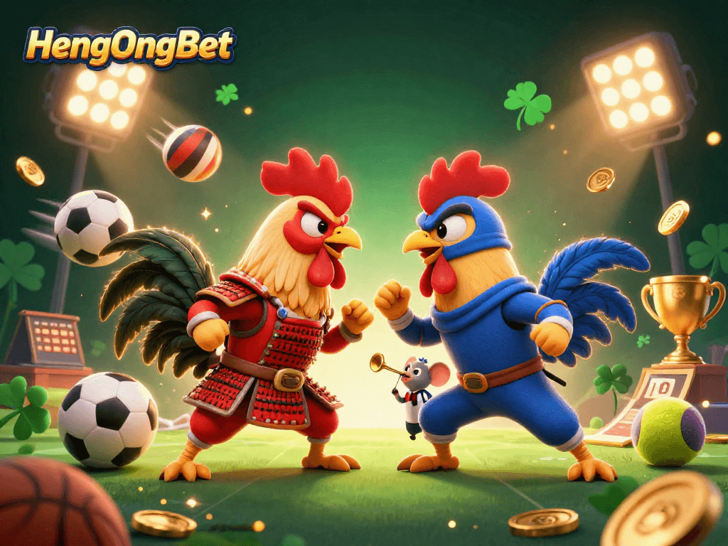 Engage with HengOngBet's thrilling arena featuring fighting roosters in a vibrant standoff.