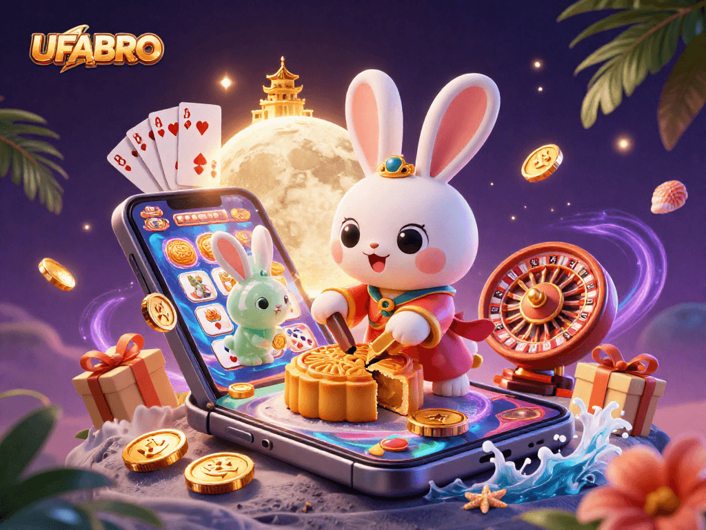 Experience UFABRO with a vibrant 3D illustration of a moon rabbit revealing poker chips and slot games.