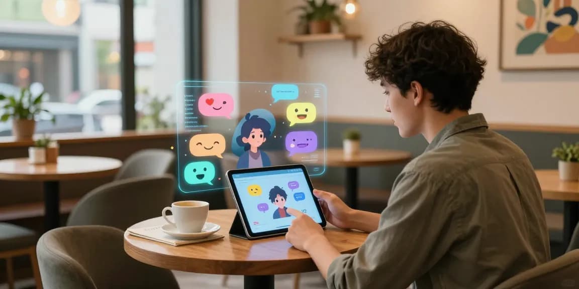 Engaging AI roleplay scene in a vibrant virtual café with characters.