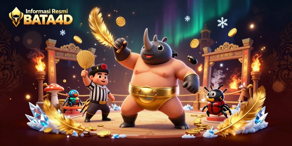Informasi Resmi BATA4D menampilkan kejuaraan sumo khas dengan koin emas bertebaran di arena pertarungan.