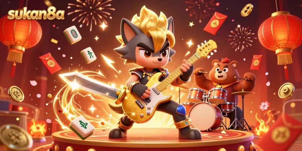 Experience excitement at sukan8a with a rock star wolf and bear in a vibrant casino celebration.